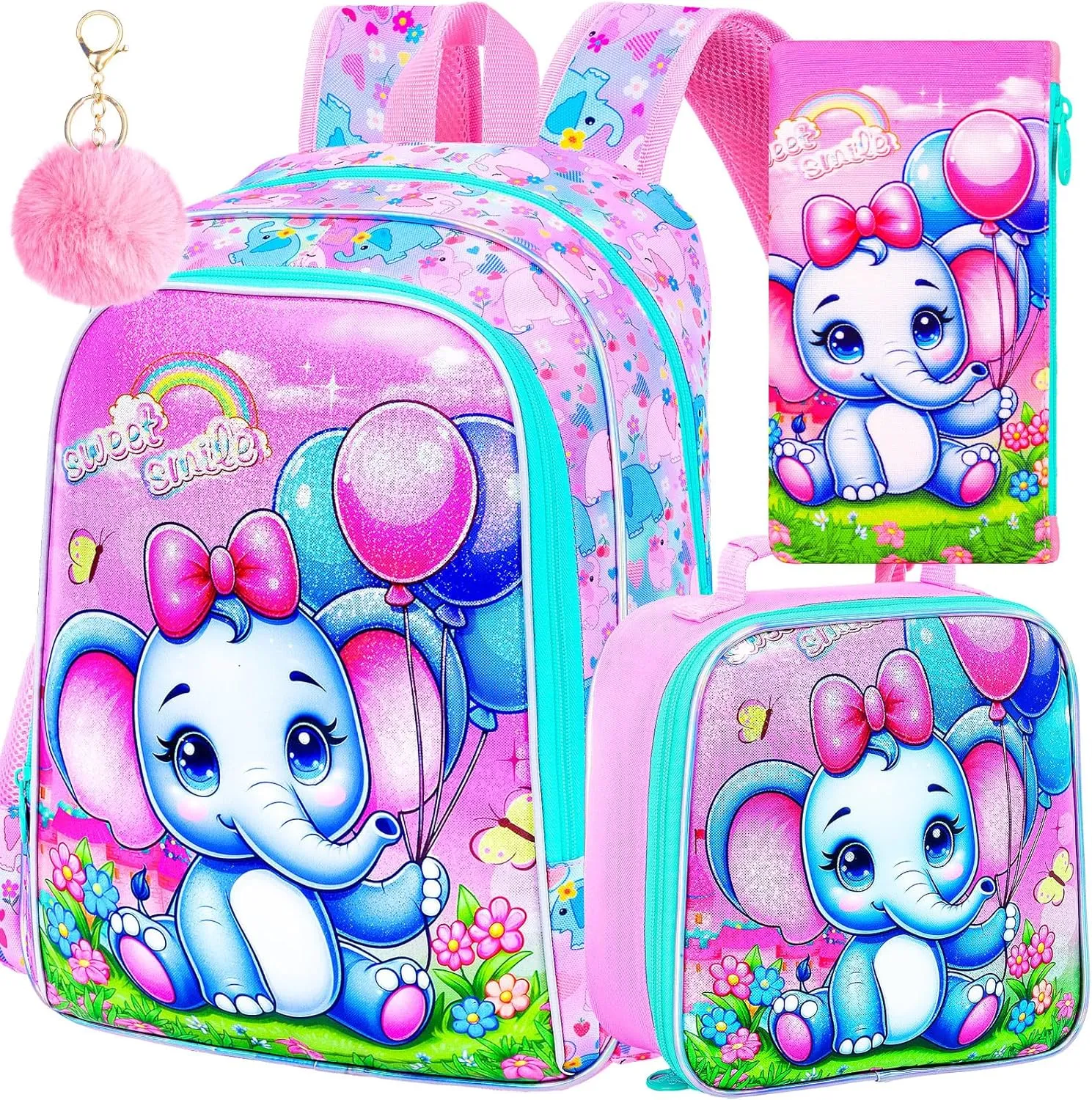 3PCS Backpack for Girls, 16'' Kids Elephant Bookbag with Lunch Box, Cute Animal Water Resistant School Bag Set for Elementary Kindergarten Preschool