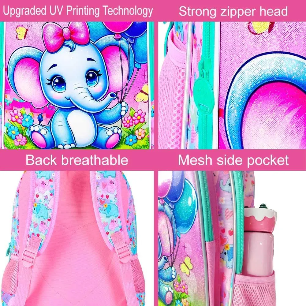 3PCS Backpack for Girls, 16'' Kids Elephant Bookbag with Lunch Box, Cute Animal Water Resistant School Bag Set for Elementary Kindergarten Preschool