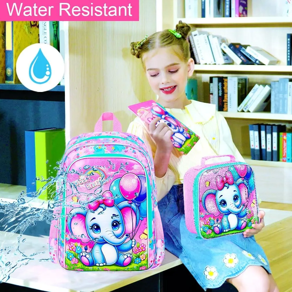3PCS Backpack for Girls, 16'' Kids Elephant Bookbag with Lunch Box, Cute Animal Water Resistant School Bag Set for Elementary Kindergarten Preschool