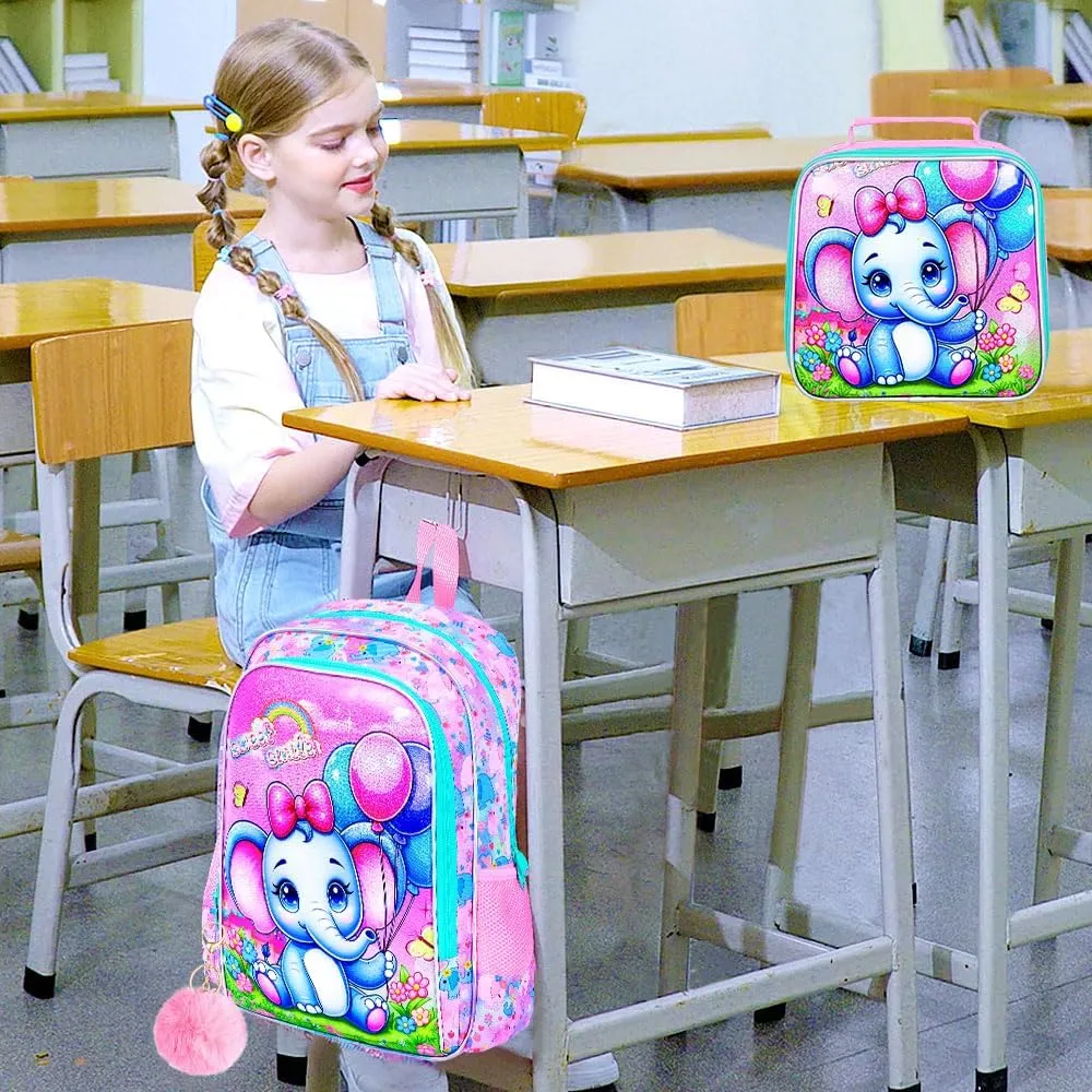 3PCS Backpack for Girls, 16'' Kids Elephant Bookbag with Lunch Box, Cute Animal Water Resistant School Bag Set for Elementary Kindergarten Preschool