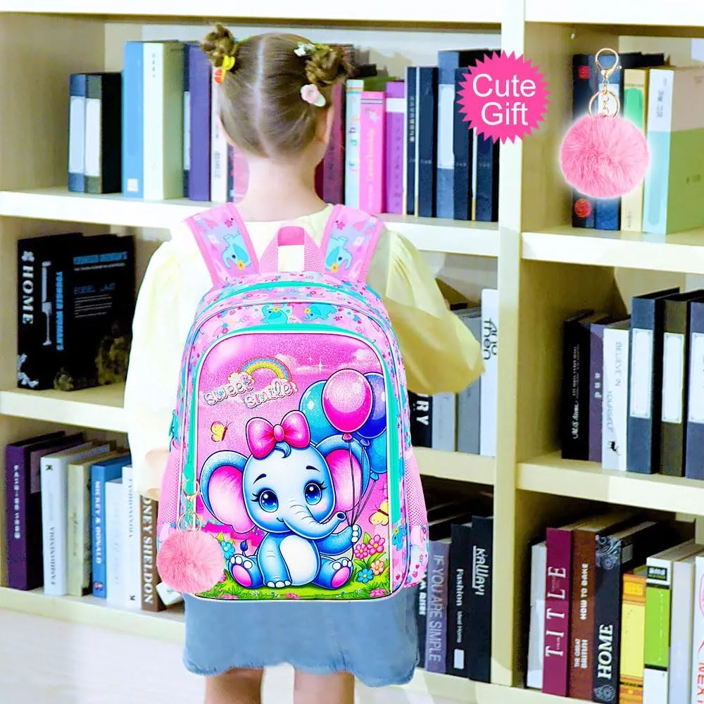3PCS Backpack for Girls, 16'' Kids Elephant Bookbag with Lunch Box, Cute Animal Water Resistant School Bag Set for Elementary Kindergarten Preschool