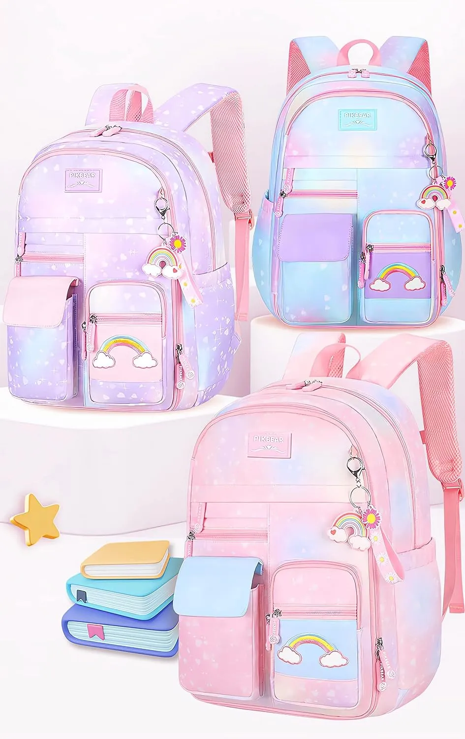 3Pcs Girl Backpack Set, Cute Kids Rainbow School Bag Backpack,School Bookbag For Girl With Shoulder Bag And Pencilcase