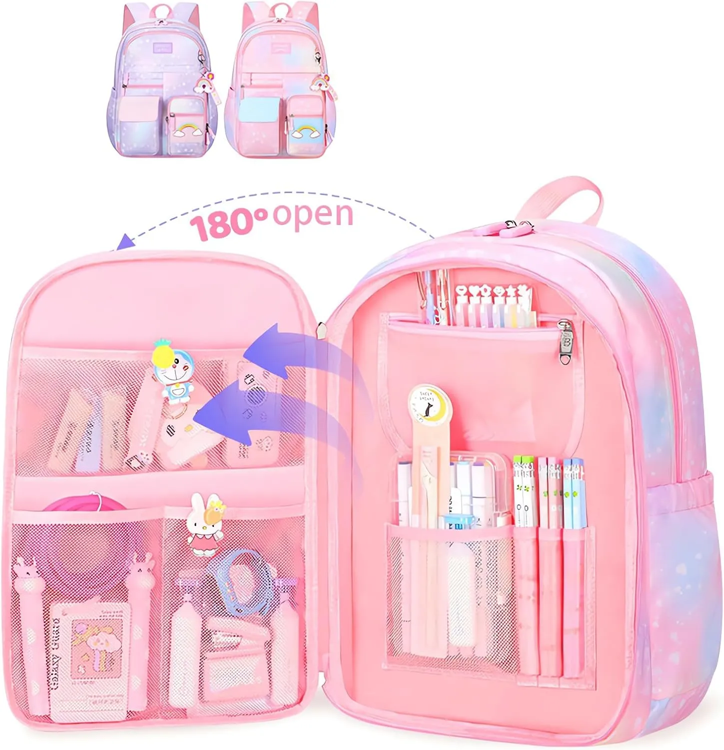 3Pcs Girl Backpack Set, Cute Kids Rainbow School Bag Backpack,School Bookbag For Girl With Shoulder Bag And Pencilcase