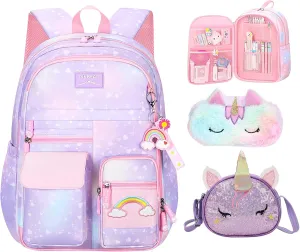 3Pcs Girl Backpack Set, Cute Kids Rainbow School Bag Backpack,School Bookbag For Girl With Shoulder Bag And Pencilcase