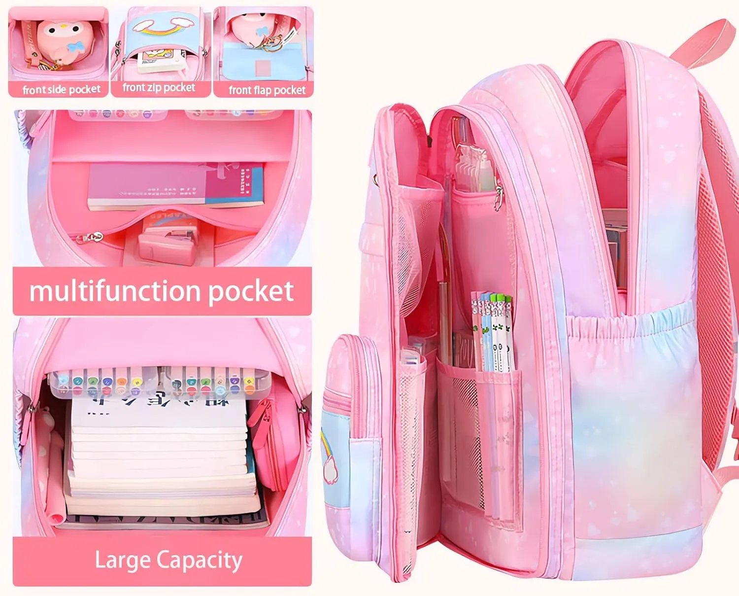 3Pcs Girl Backpack Set, Cute Kids Rainbow School Bag Backpack,School Bookbag For Girl With Shoulder Bag And Pencilcase