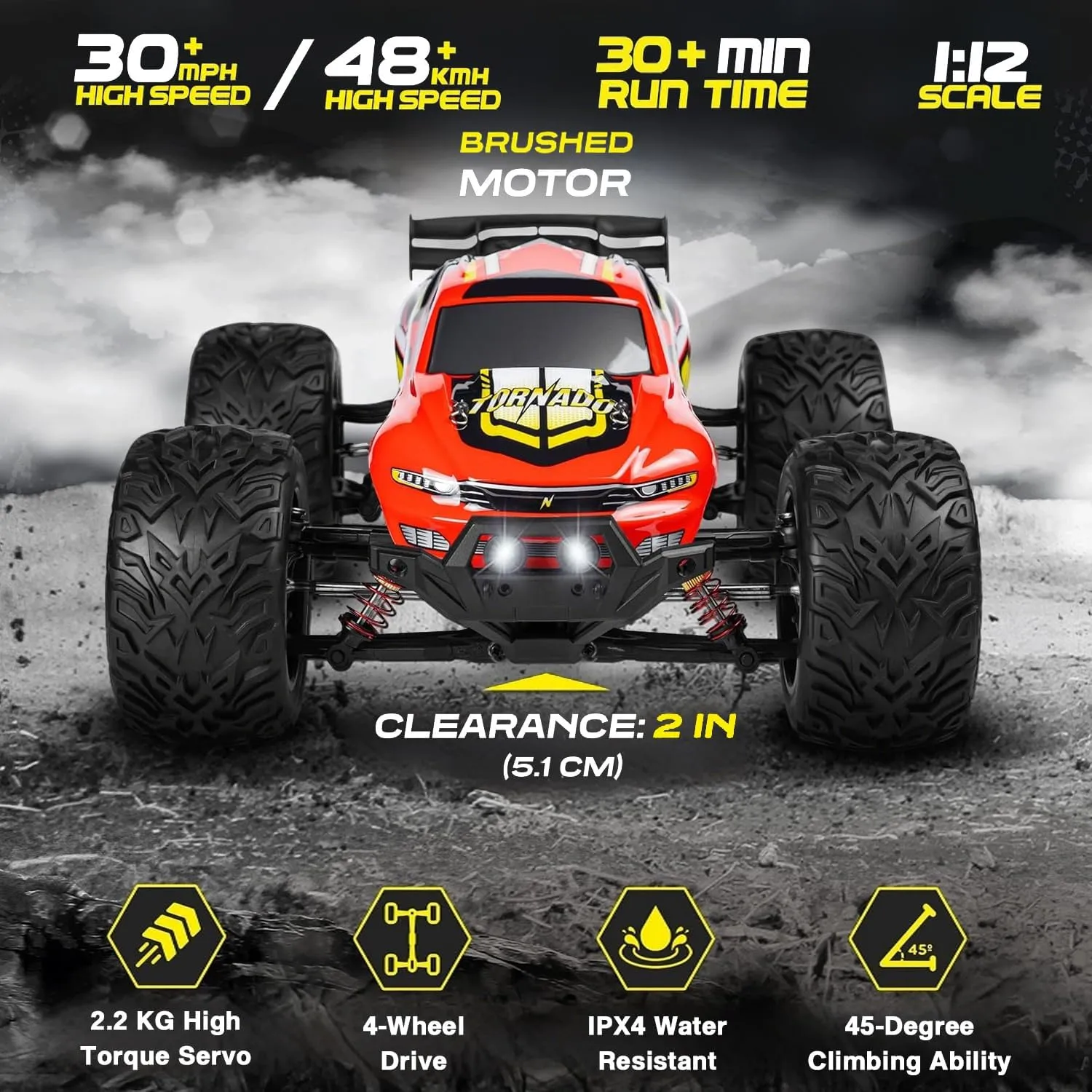 4x4 RC Cars for Adults 48kmh High-Speed - 1:12 Scale Large Waterproof Remote Control Truck, Offroad Electric Monster Car, 2 Batteries 30  Min Play, All Terrain