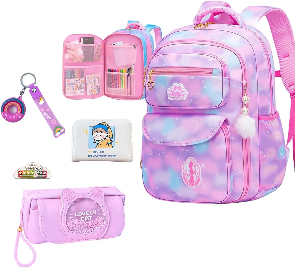 5Pcs Backpacks for Girls Purple Kids School Bag for Girls Laptop Bag Shoulders Bookbag for Students Teen Kids Daypacks Casual Travel Bag (Purple)