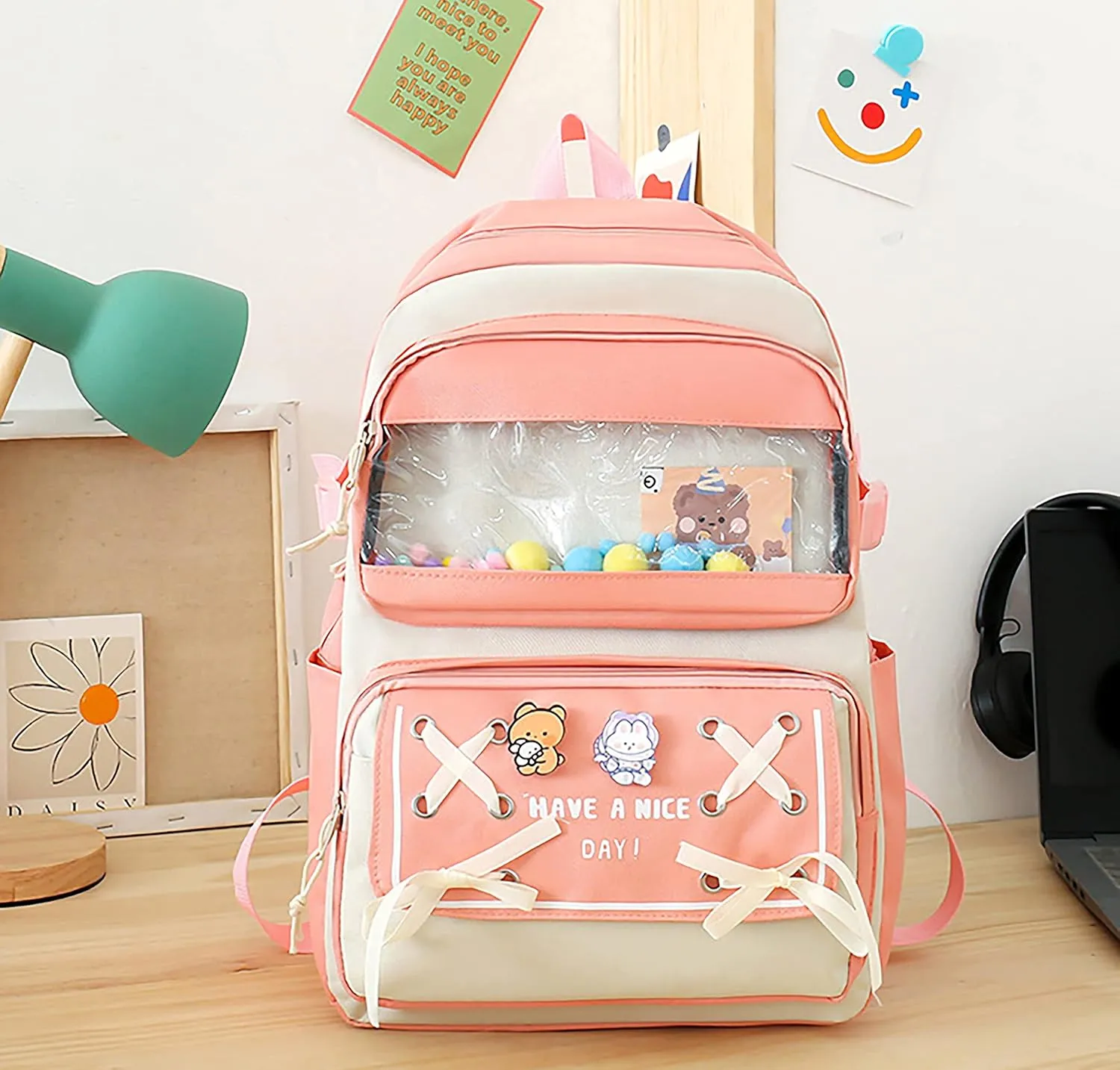 5PCS Kawaii Backpack Set with Cute Pendants and Pins Accessories Aesthetic Rucksack for Teen Girls 17in Cute School Backpack, Pencil Box, Tote Bag, Small Bag, Pink