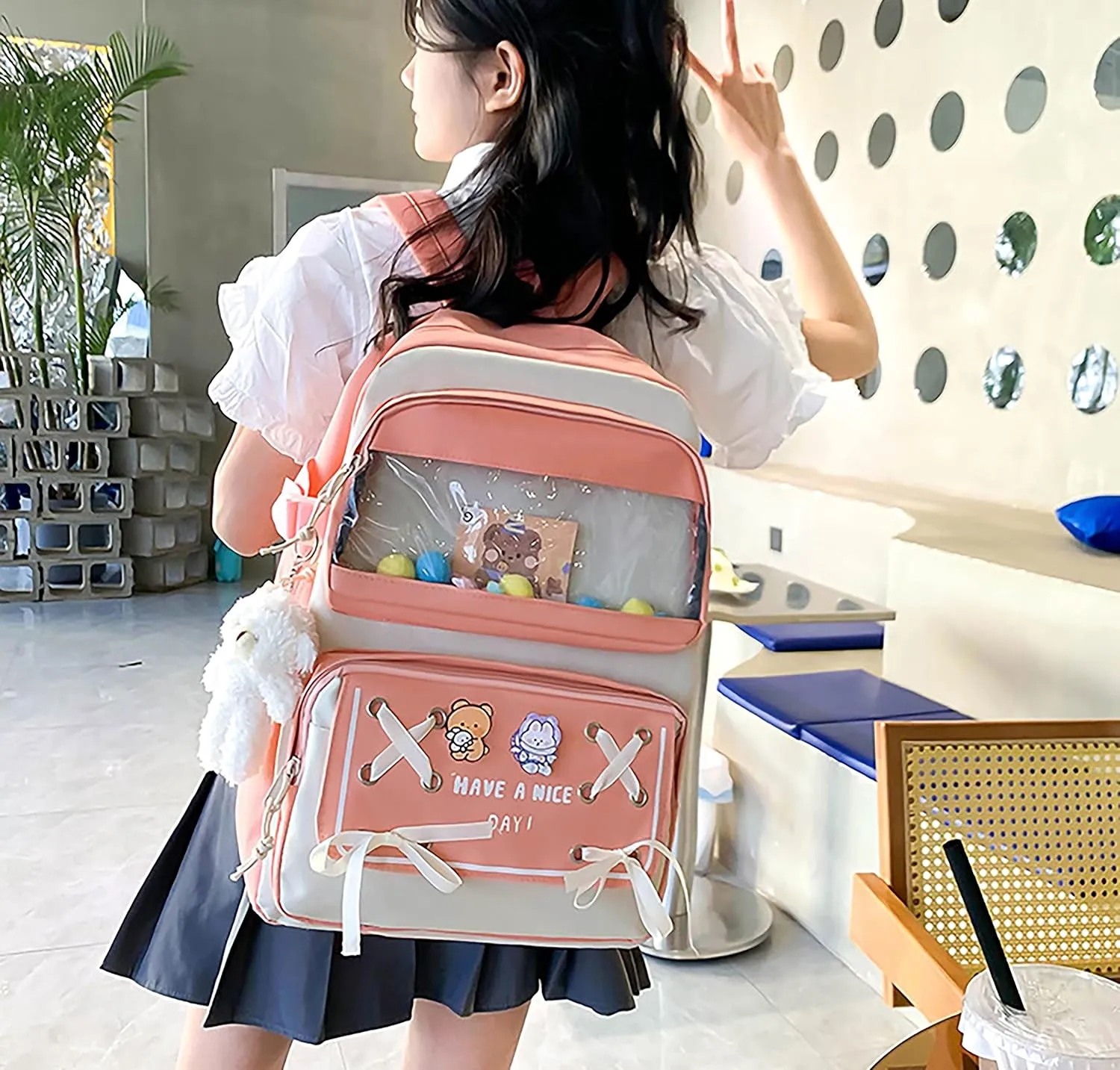 5PCS Kawaii Backpack Set with Cute Pendants and Pins Accessories Aesthetic Rucksack for Teen Girls 17in Cute School Backpack, Pencil Box, Tote Bag, Small Bag, Pink
