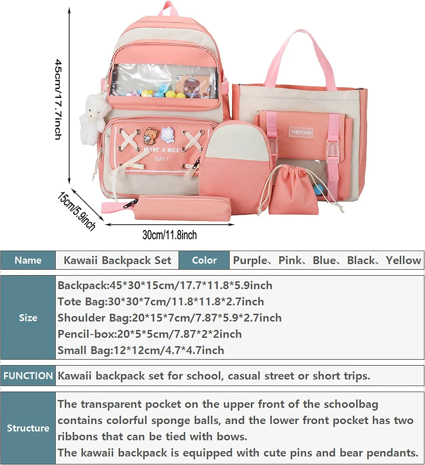 5PCS Kawaii Backpack Set with Cute Pendants and Pins Accessories Aesthetic Rucksack for Teen Girls 17in Cute School Backpack, Pencil Box, Tote Bag, Small Bag, Pink