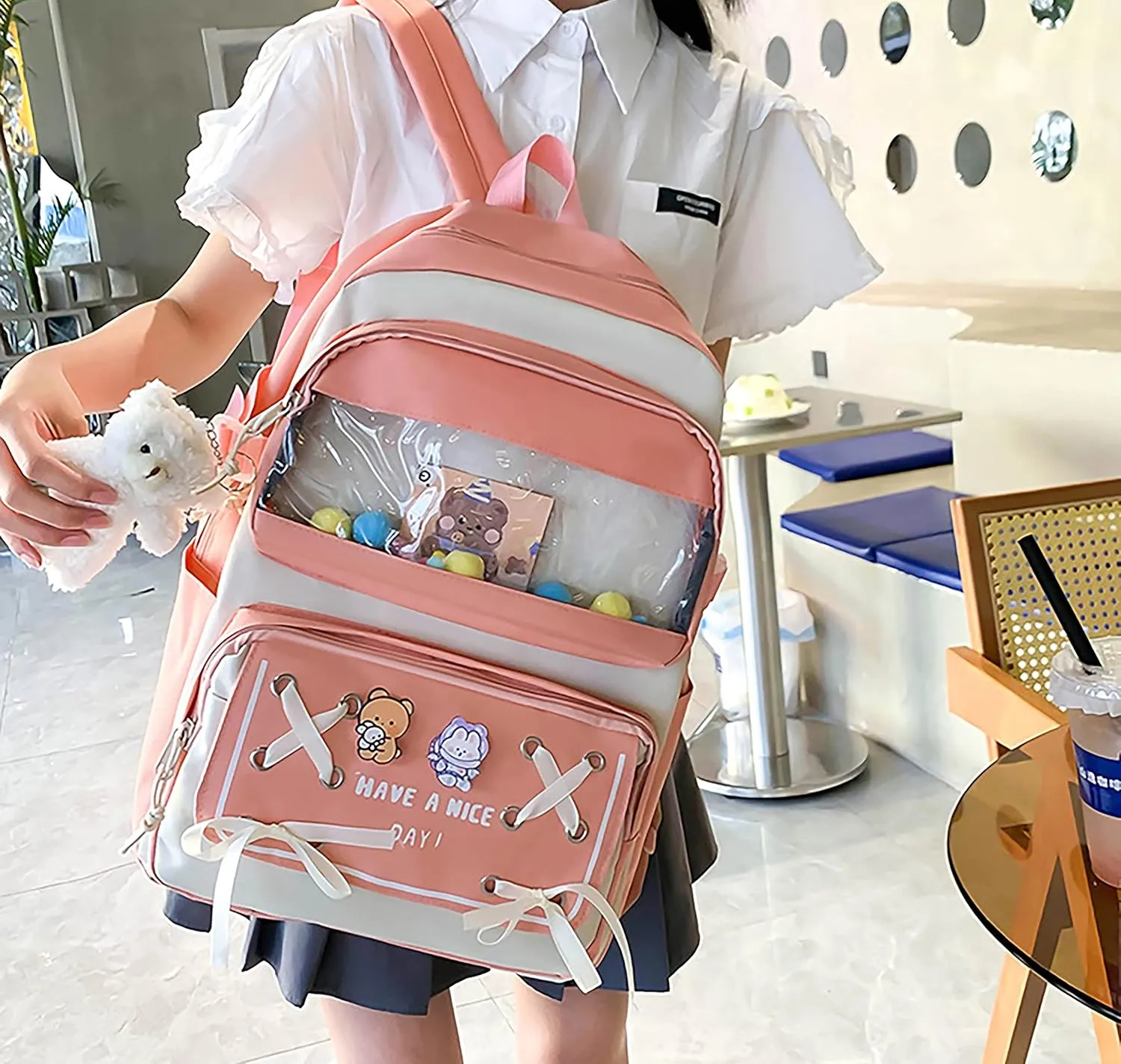 5PCS Kawaii Backpack Set with Cute Pendants and Pins Accessories Aesthetic Rucksack for Teen Girls 17in Cute School Backpack, Pencil Box, Tote Bag, Small Bag, Pink