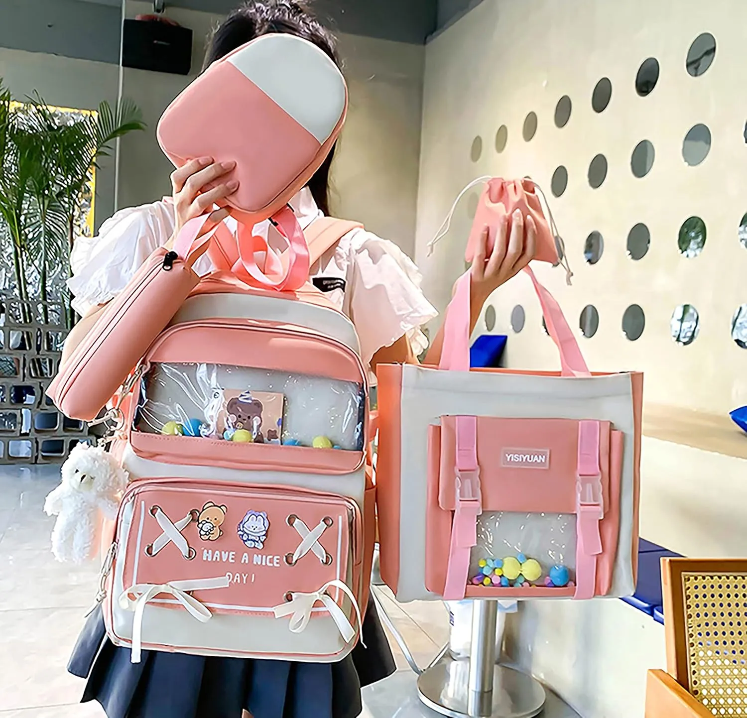 5PCS Kawaii Backpack Set with Cute Pendants and Pins Accessories Aesthetic Rucksack for Teen Girls 17in Cute School Backpack, Pencil Box, Tote Bag, Small Bag, Pink