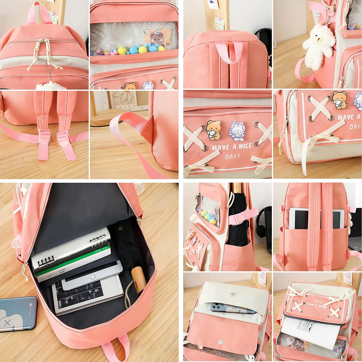 5PCS Kawaii Backpack Set with Cute Pendants and Pins Accessories Aesthetic Rucksack for Teen Girls 17in Cute School Backpack, Pencil Box, Tote Bag, Small Bag, Pink