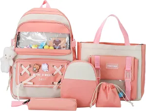 5PCS Kawaii Backpack Set with Cute Pendants and Pins Accessories Aesthetic Rucksack for Teen Girls 17in Cute School Backpack, Pencil Box, Tote Bag, Small Bag, Pink