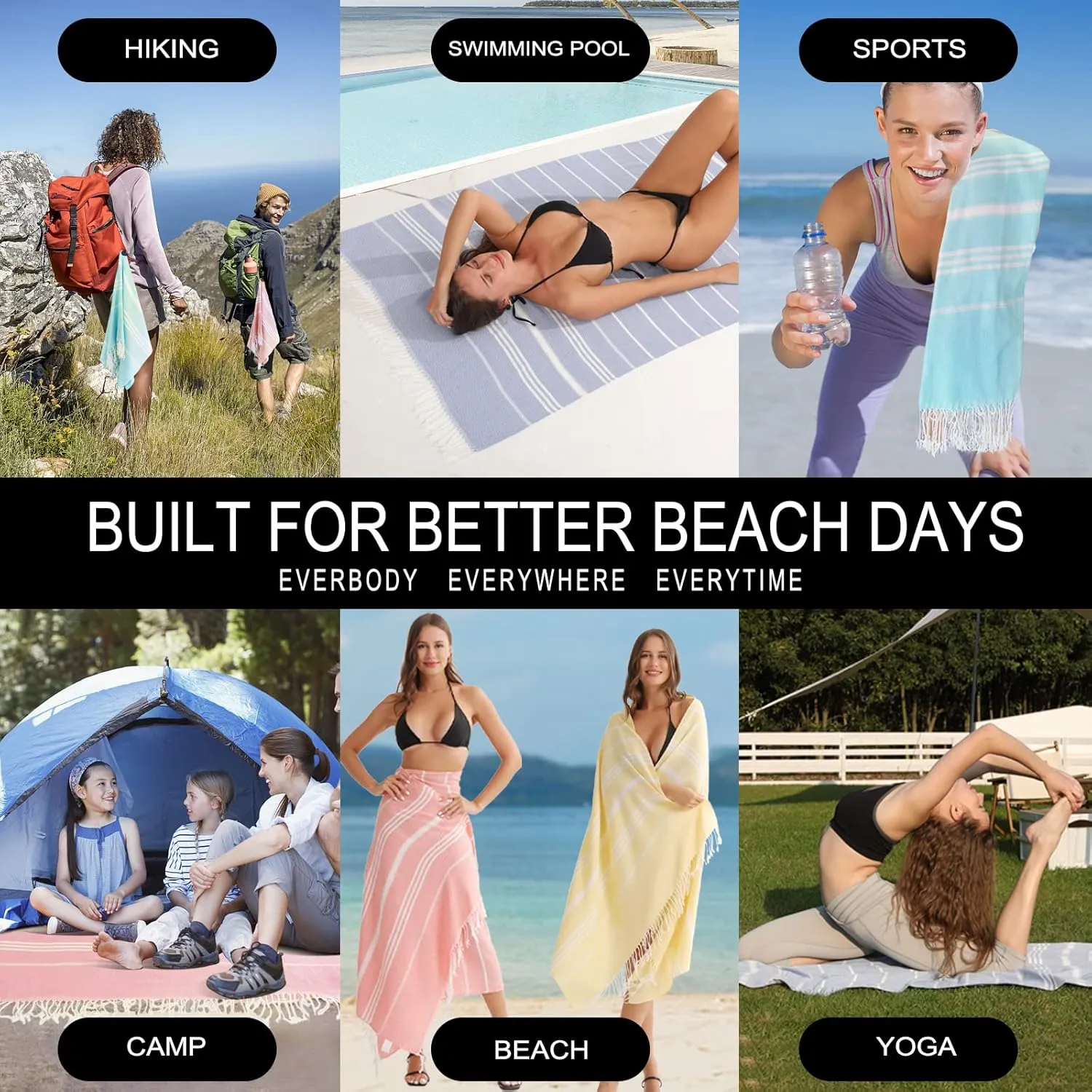 6 Packs Turkish Beach Towels Vacation Essentials Quick Dry Sand Free Soft Large Xl Big Blanket Adult Oversized Bath Pool Swim Towel Set Bulk Multipack Lightweight Thin Sandless Fast Drying Compact