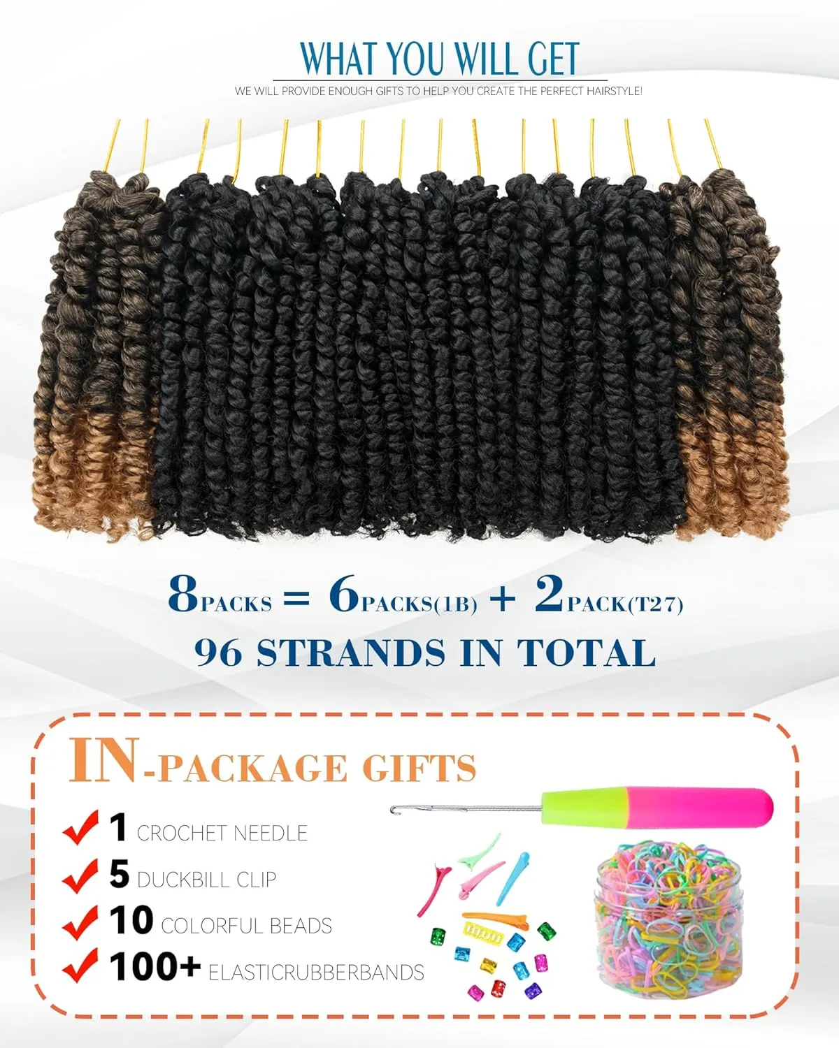 8 Inches 8 Packs Passion Twist Crochet Hair-Mixed Color Combination Package(6 packs 1B 2 pack T27),Pre-twisted Pre Looped Synthetic Spring Kinky Twist Hair Extensions(8"-8 Packs,1B T27)