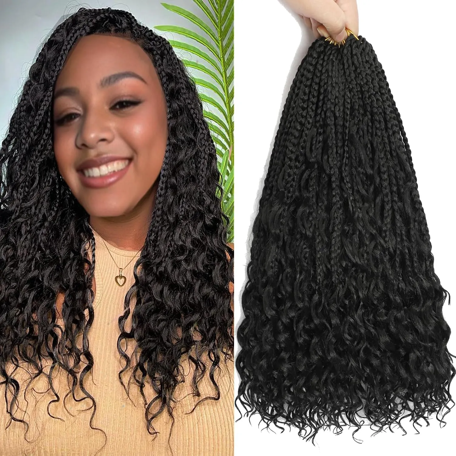 8 Packs Goddess Box Braids Crochet Hair, Pre-Looped Bohemian Braiding Hair with Curly Ends,Synthetic CrochetHair for Women (1B, 14 Inch (Pack of 8))