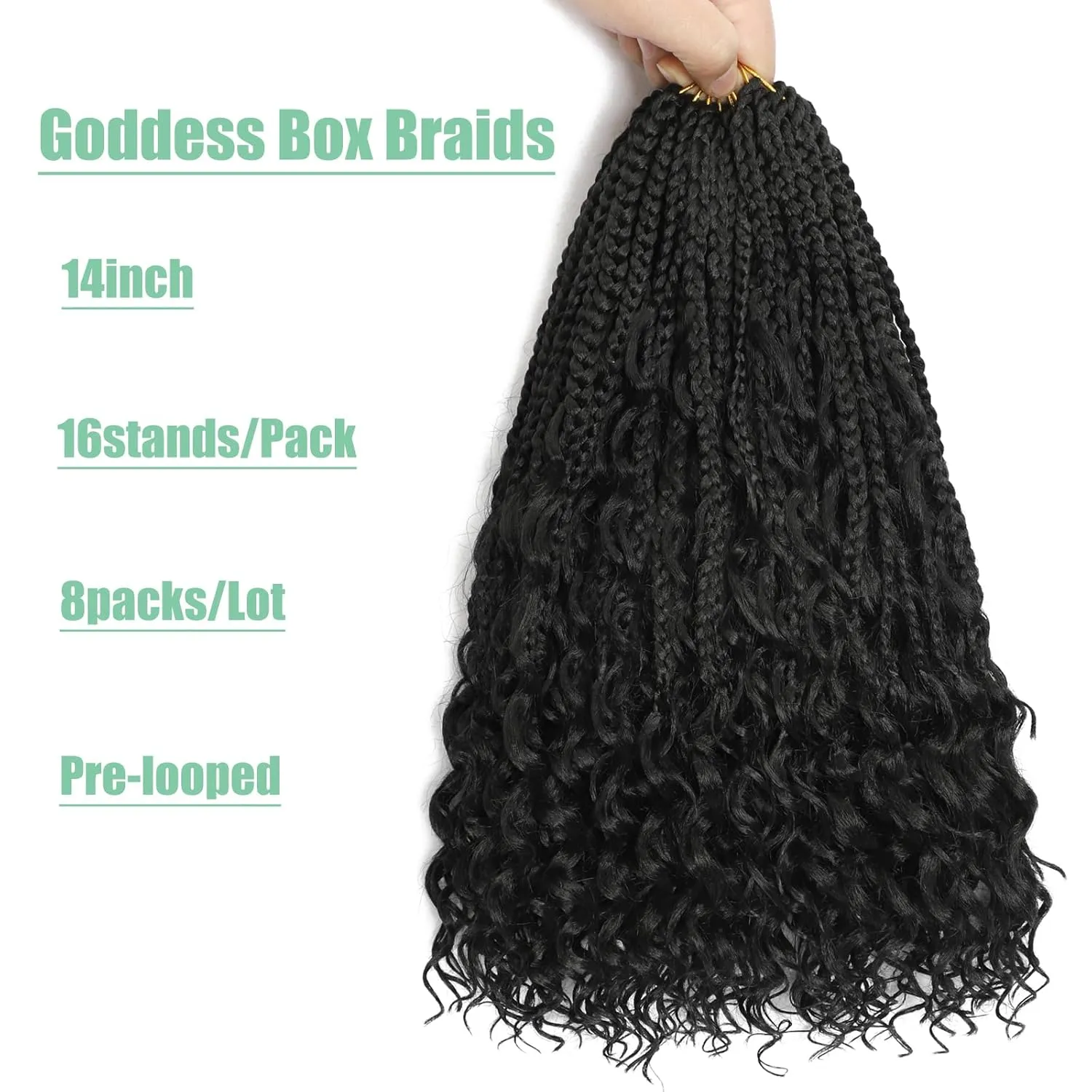 8 Packs Goddess Box Braids Crochet Hair, Pre-Looped Bohemian Braiding Hair with Curly Ends,Synthetic CrochetHair for Women (1B, 14 Inch (Pack of 8))