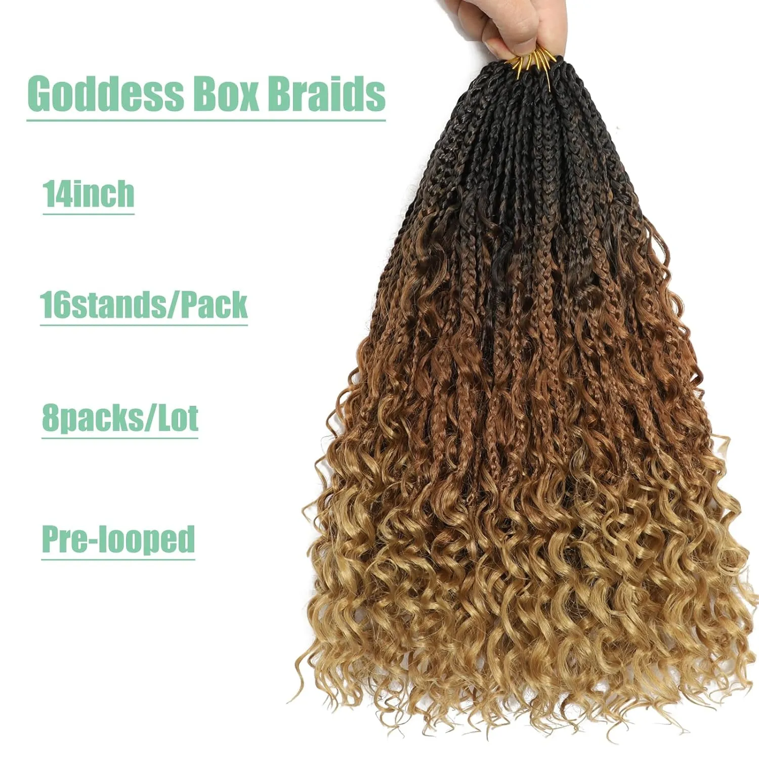 8 Packs Goddess Box Braids Crochet Hair, Pre-Looped Bohemian Braiding Hair with Curly Ends,Synthetic CrochetHair for Women (1B3027, 14 Inch (Pack of 8))
