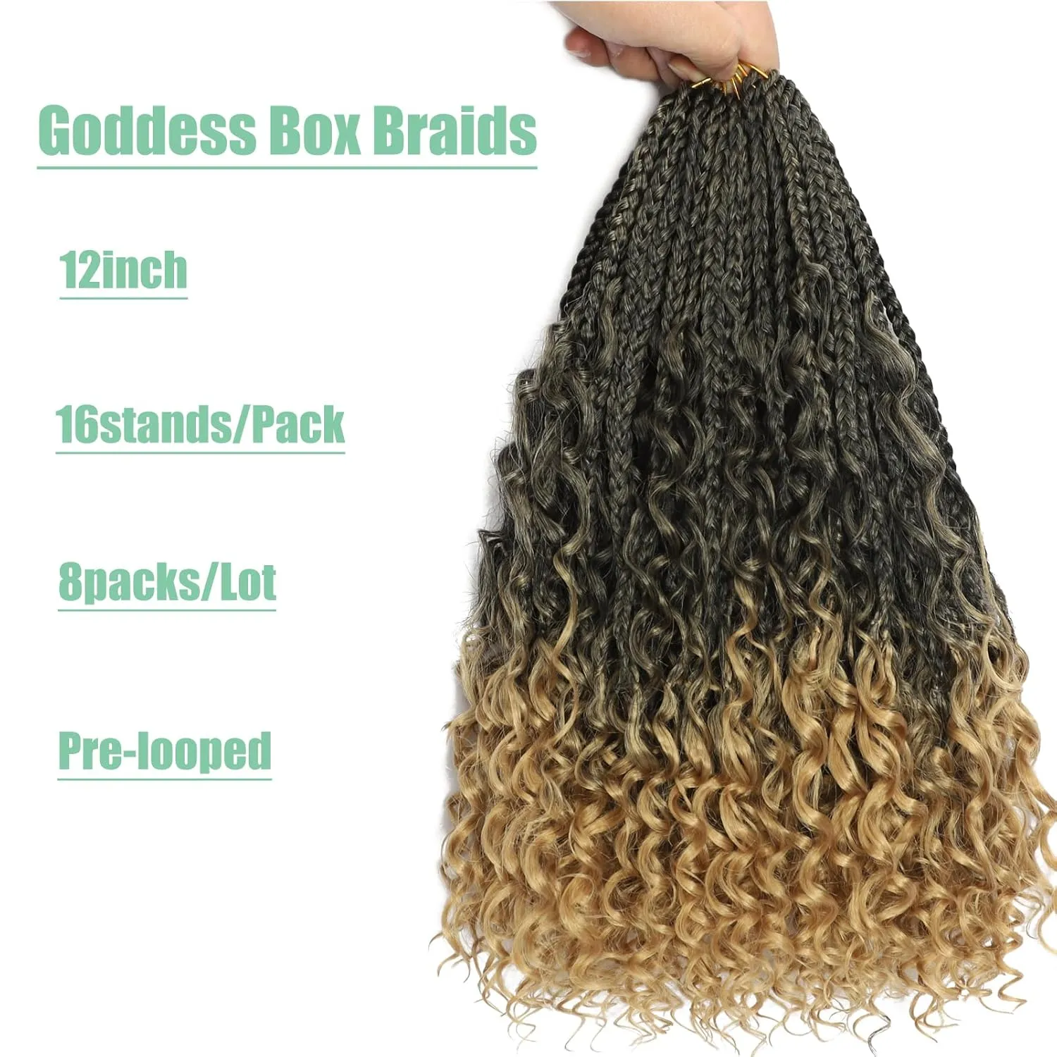 8 Packs Goddess Box Braids Crochet Hair, Pre-Looped Bohemian Braiding Hair with Curly Ends,Synthetic CrochetHair for Women (T27, 12 Inch (Pack of 8))