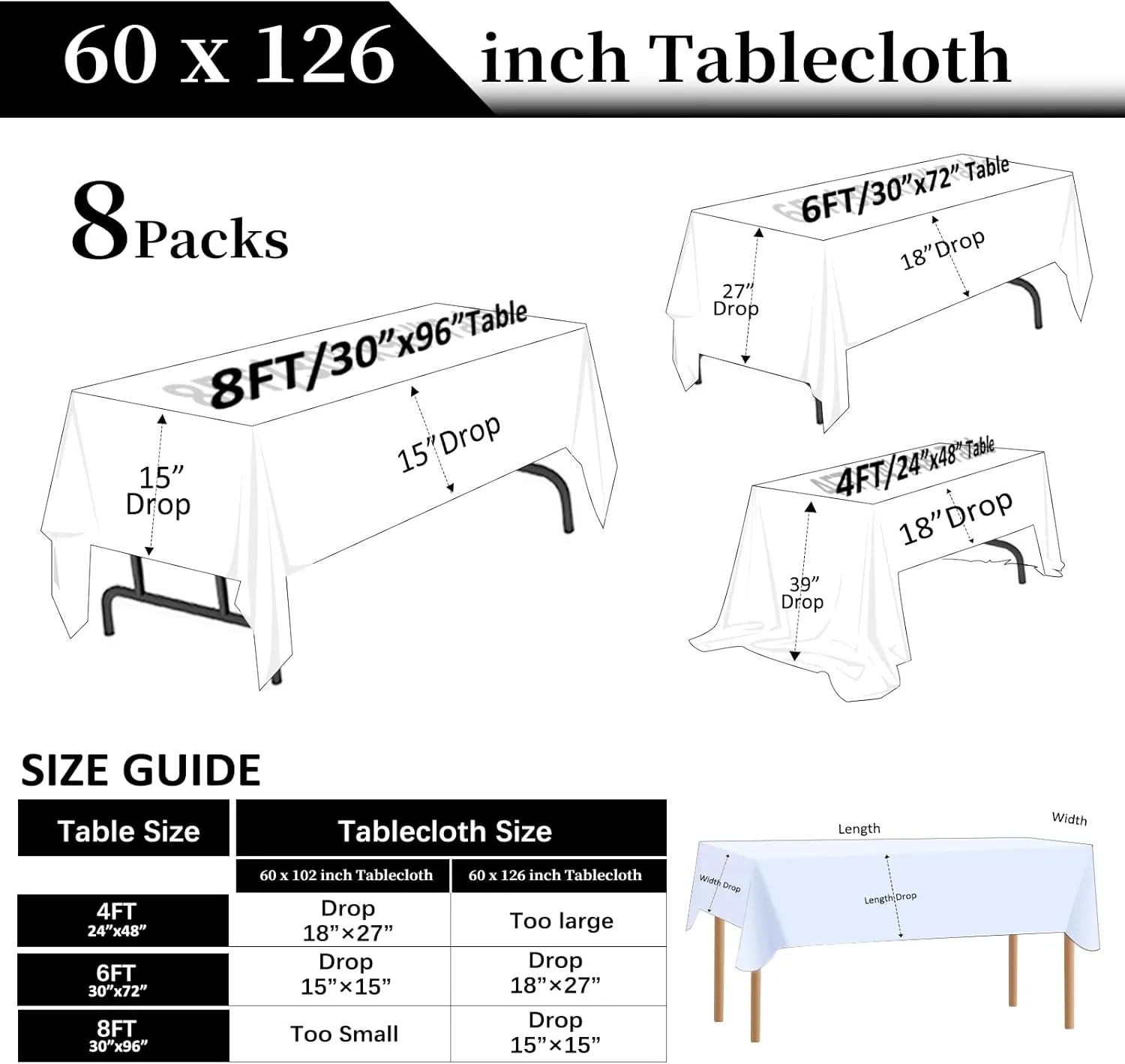 8 Packs Green Tablecloth Rectangle 60x126 Inch Rectangular Table Cloths for 8ft Rectangle Tables, Wrinkle Resistant Polyester Fabric Tablecloth Washable Table Covers for Wedding Party Decor