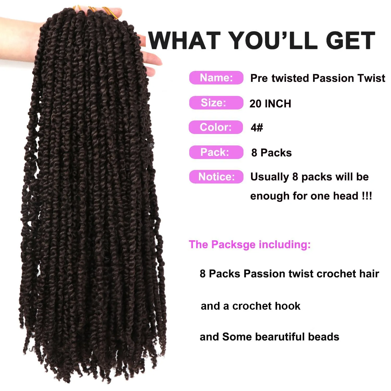 8 Packs Passion Twist Crochet Hair 20 Inch Prelooped Crochet Braids Pretwisted Spring Twist Crochet Hair for Black Women (20 Inch (Pack of 8), 4#)