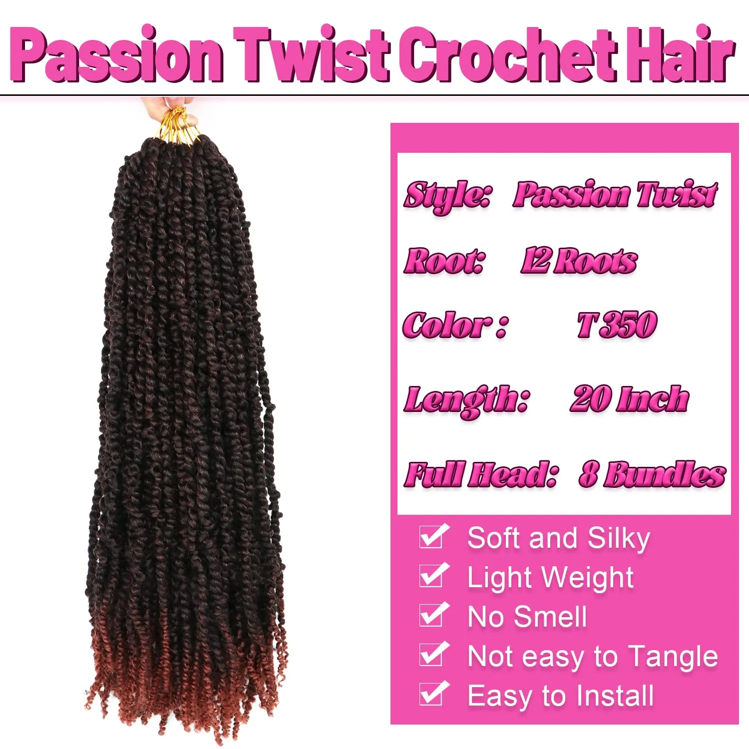 8 Packs Passion Twist Crochet Hair 20 Inch Prelooped Crochet Braids Pretwisted Spring Twist Crochet Hair for Black Women (20 Inch (Pack of 8), T350#)