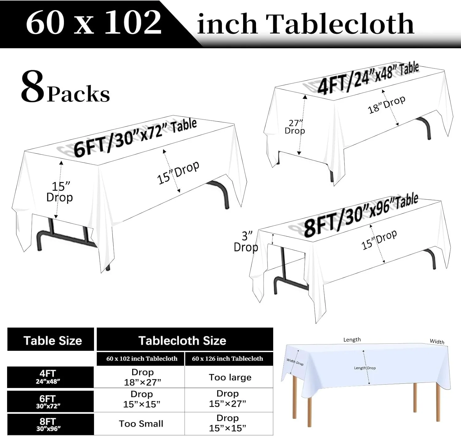 8 Packs Pink Tablecloth Rectangle 60x102 Inch Rectangular Table Cloth for 6 Foot Rectangle Tables, Wrinkle Resistant Polyester Fabric Tablecloth Washable Table Covers for Wedding Party Buffet