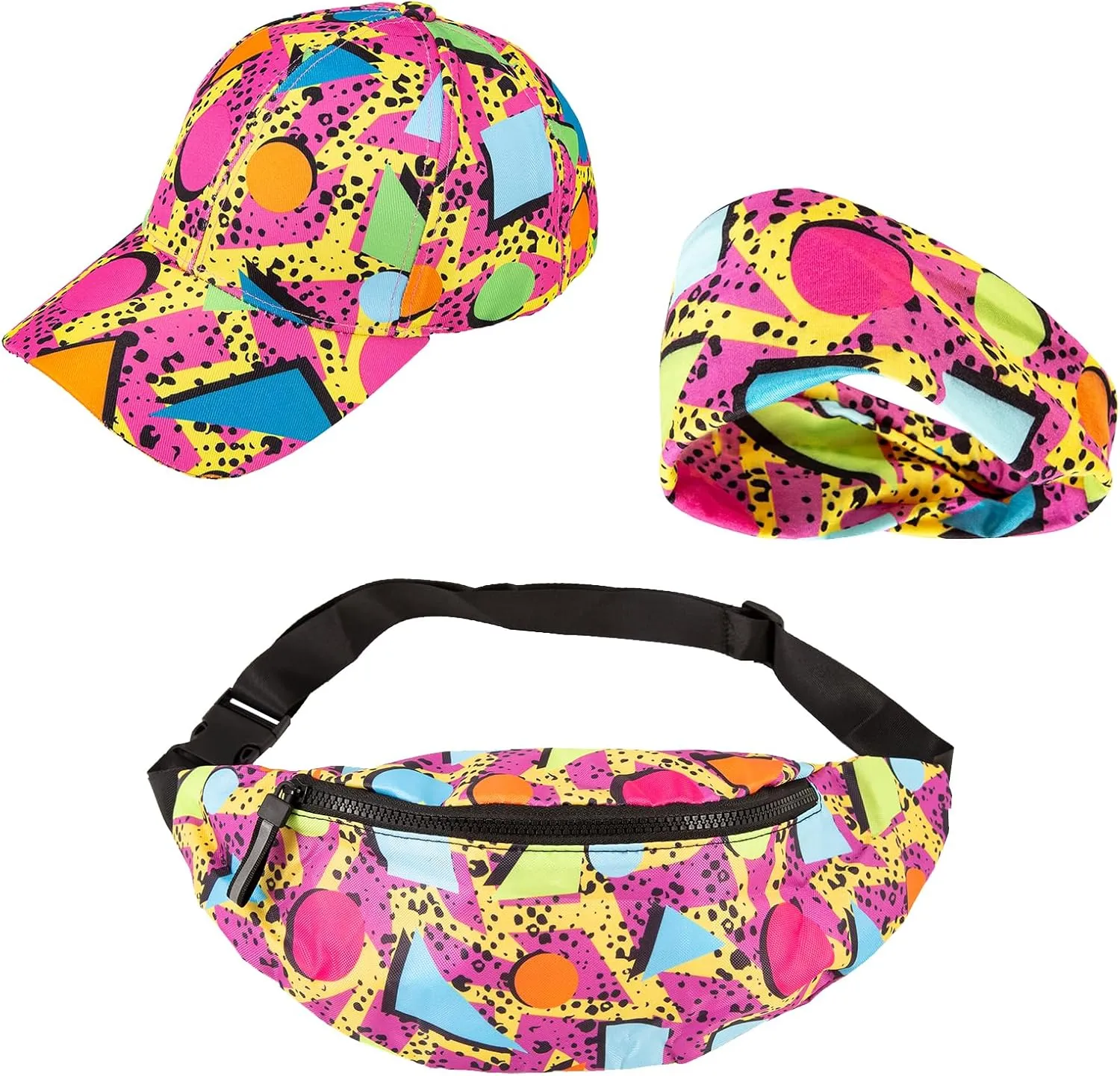 80s 90s Neon Fanny Pack Retro Waist Belt Packs Casual Waist Bag For Men Women And Baseball Caps 3D Print Hats 80s Vintage Hat Adjustable Unisex Caps For Travel Party Festival Hiking Cycling. 3 Pack