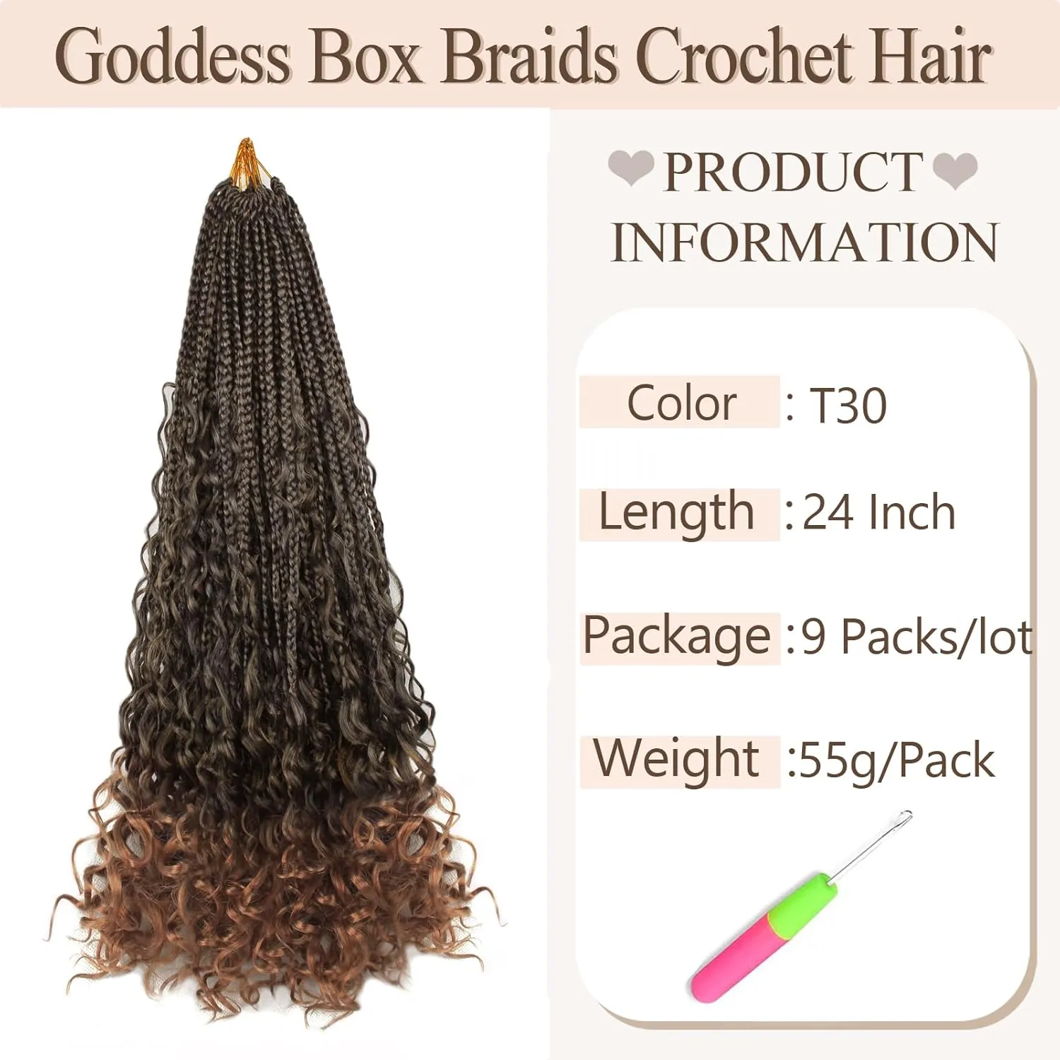9 Packs Boho Box Braids Crochet Hair 24 Inch Goddess Box Braids Crochet Hair With Curly Ends Synthetic Bohemian Braids Hair Extension For Women (24inch, 1B/30)