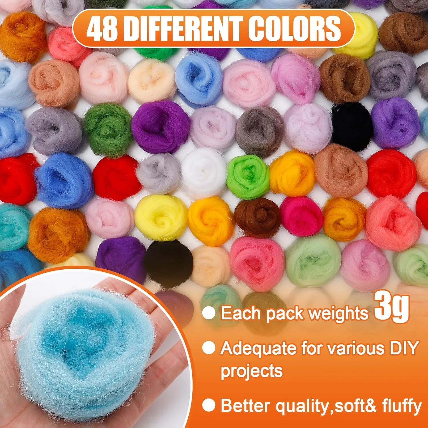 96pcs 10.4 oz Needle Felting Wool - 48 Colors Nature Wool Roving Yarn for Beginners Hand Spinning Felting Supplies, 3g/Pack