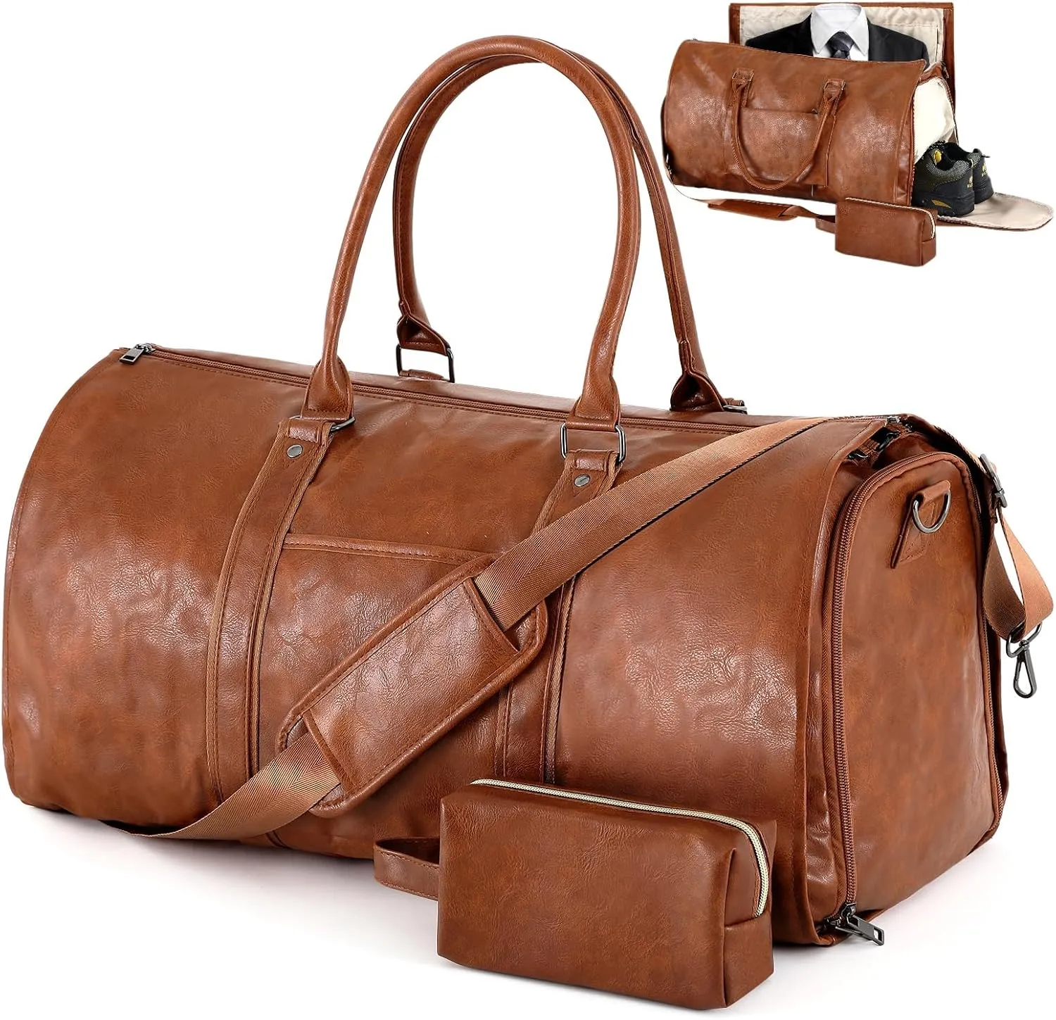 Abbylike Carry on Garment Bag for Travel with Toiletry Pouch Gifts for Dad Father Convertible Bag Leather Waterproof Duffle Tote Luggage with Shoe Compartment for Men 2 in 1 Hanging Suitcase Business