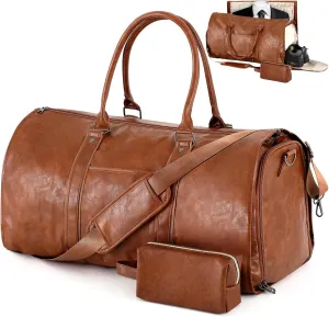 Abbylike Carry on Garment Bag for Travel with Toiletry Pouch Gifts for Dad Father Convertible Bag Leather Waterproof Duffle Tote Luggage with Shoe Compartment for Men 2 in 1 Hanging Suitcase Business