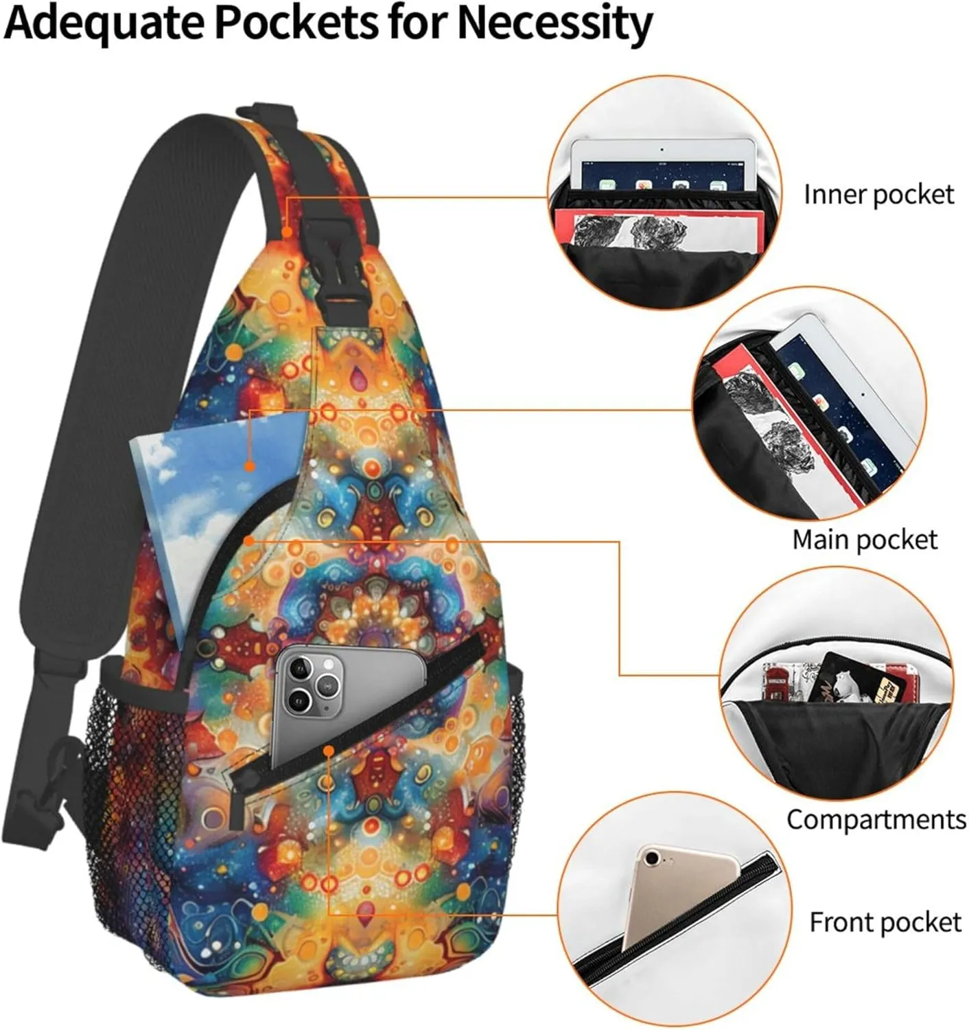 Abstract Colorful Mandala Pattern Sling Backpack Crossbody Bag, Chest Bag Daypack Fanny Pack Cross Body Bag for Outdoors Hiking Traveling