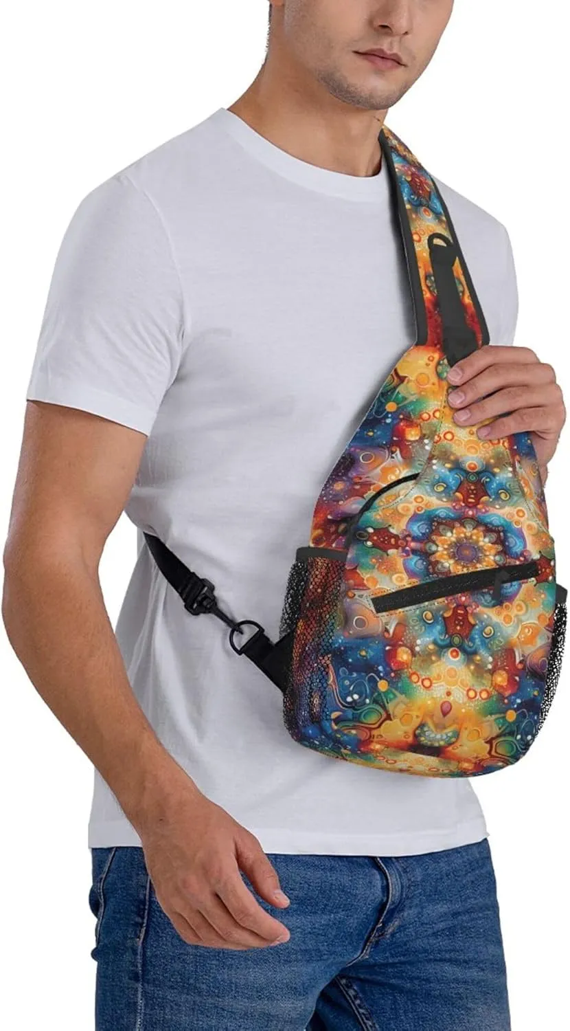 Abstract Colorful Mandala Pattern Sling Backpack Crossbody Bag, Chest Bag Daypack Fanny Pack Cross Body Bag for Outdoors Hiking Traveling