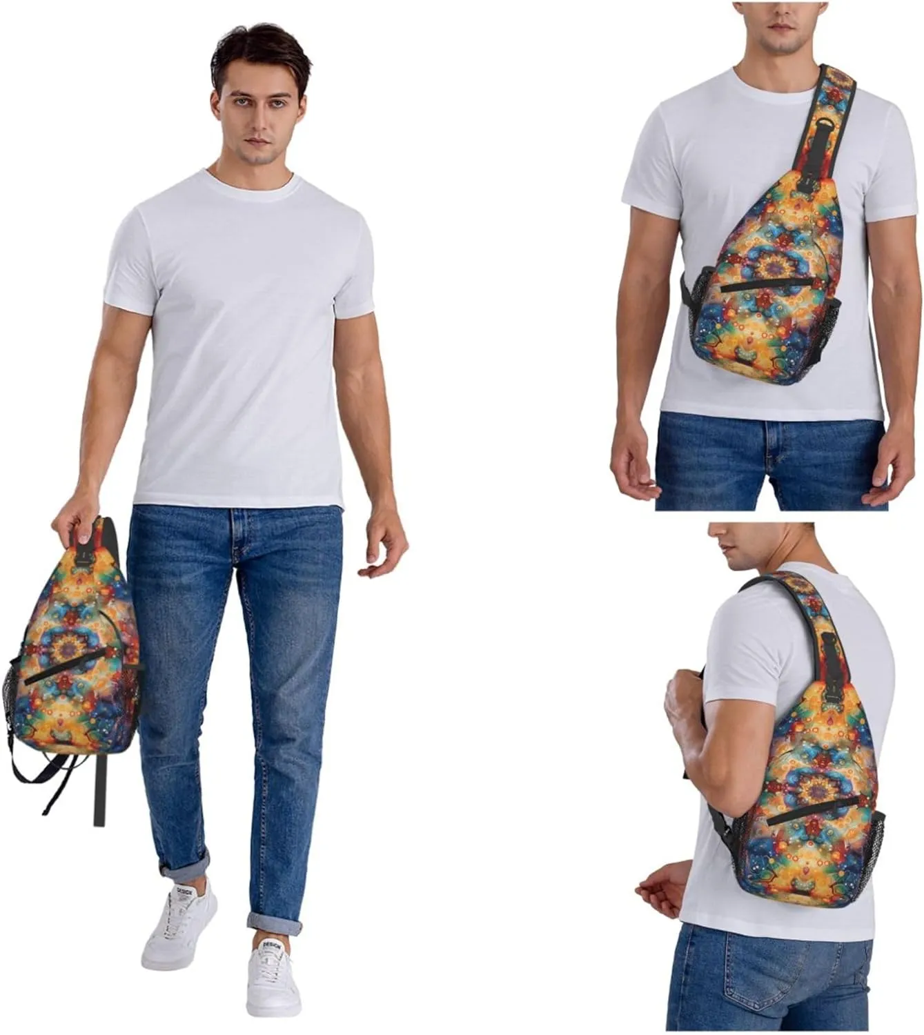 Abstract Colorful Mandala Pattern Sling Backpack Crossbody Bag, Chest Bag Daypack Fanny Pack Cross Body Bag for Outdoors Hiking Traveling