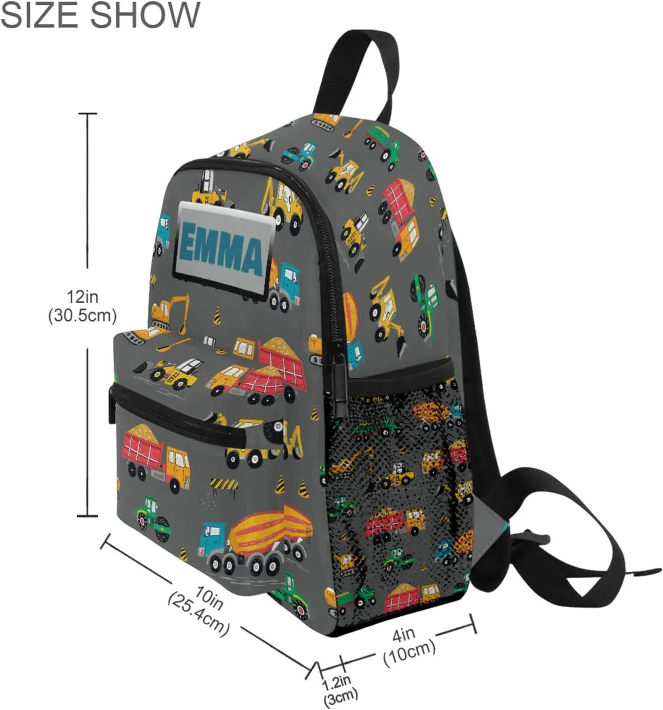 Aflyko Custom Name Kids Backpack Construction Truck Digger Personalized Daycare Bookbag Kindergarten Daypack for Toddler Girls Boys 10" × 4" × 12"