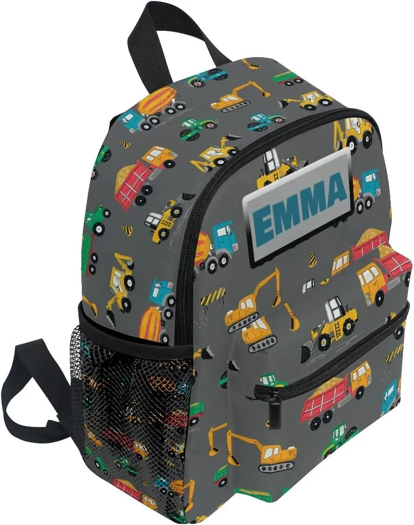 Aflyko Custom Name Kids Backpack Construction Truck Digger Personalized Daycare Bookbag Kindergarten Daypack for Toddler Girls Boys 10" × 4" × 12"