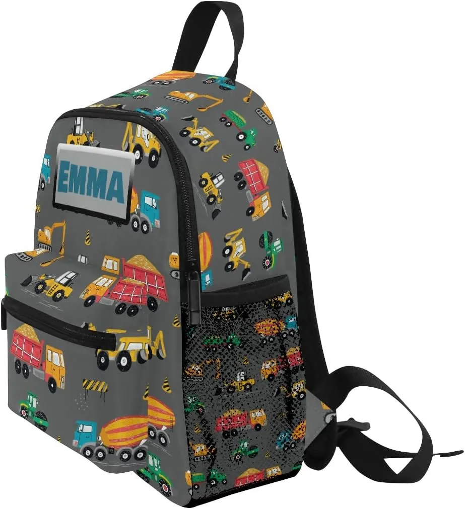 Aflyko Custom Name Kids Backpack Construction Truck Digger Personalized Daycare Bookbag Kindergarten Daypack for Toddler Girls Boys 10" × 4" × 12"