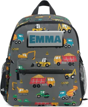 Aflyko Custom Name Kids Backpack Construction Truck Digger Personalized Daycare Bookbag Kindergarten Daypack for Toddler Girls Boys 10" × 4" × 12"