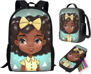 African Girl African Bookbags for Teenage Girls Black American Girl Backpack with Lunchbox Elementary School Bags 3 piece