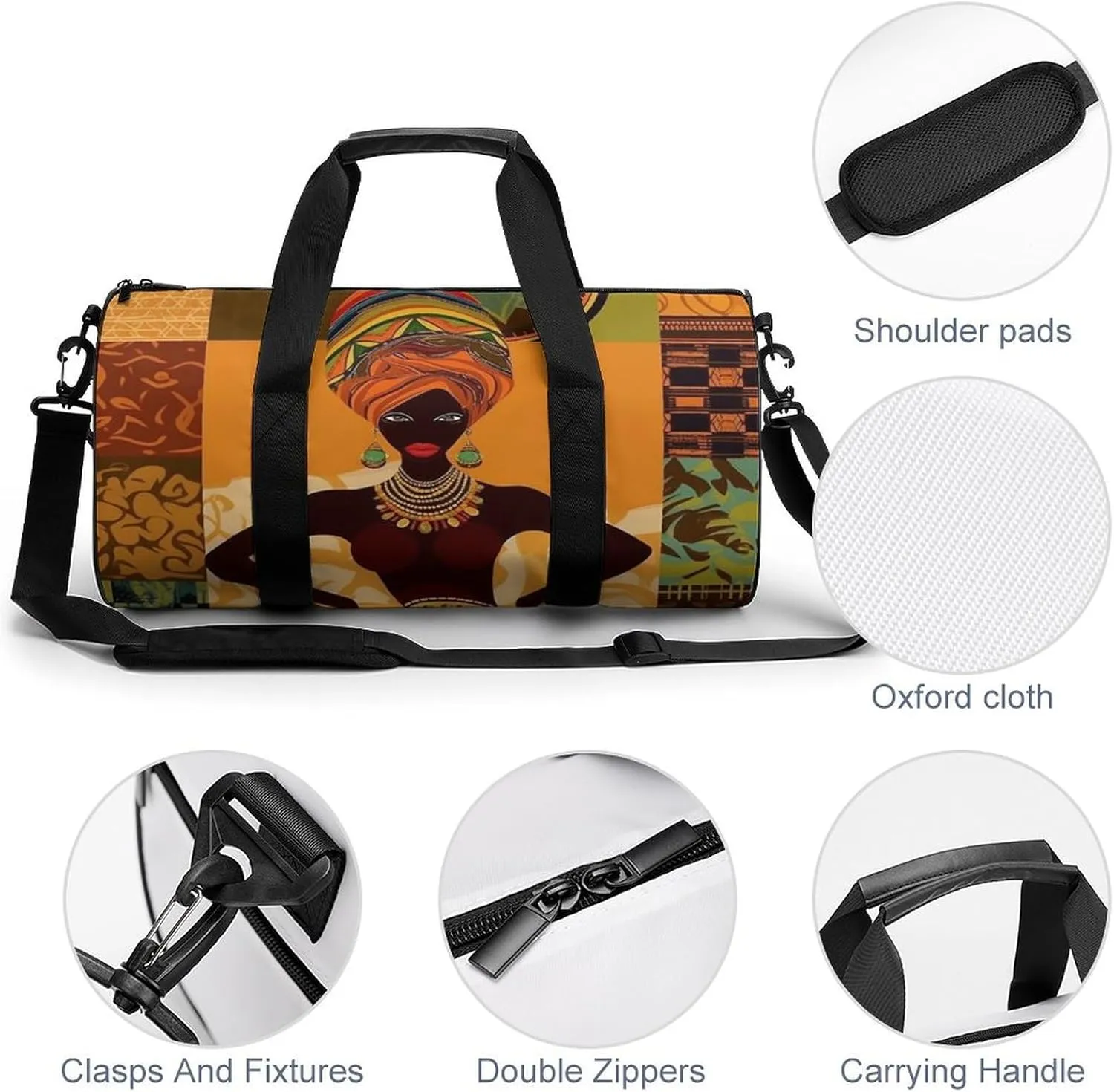 African Woman Gym Bag Small Travel Duffle Bag with Compartment Carry On Weekender Bag for Women Men