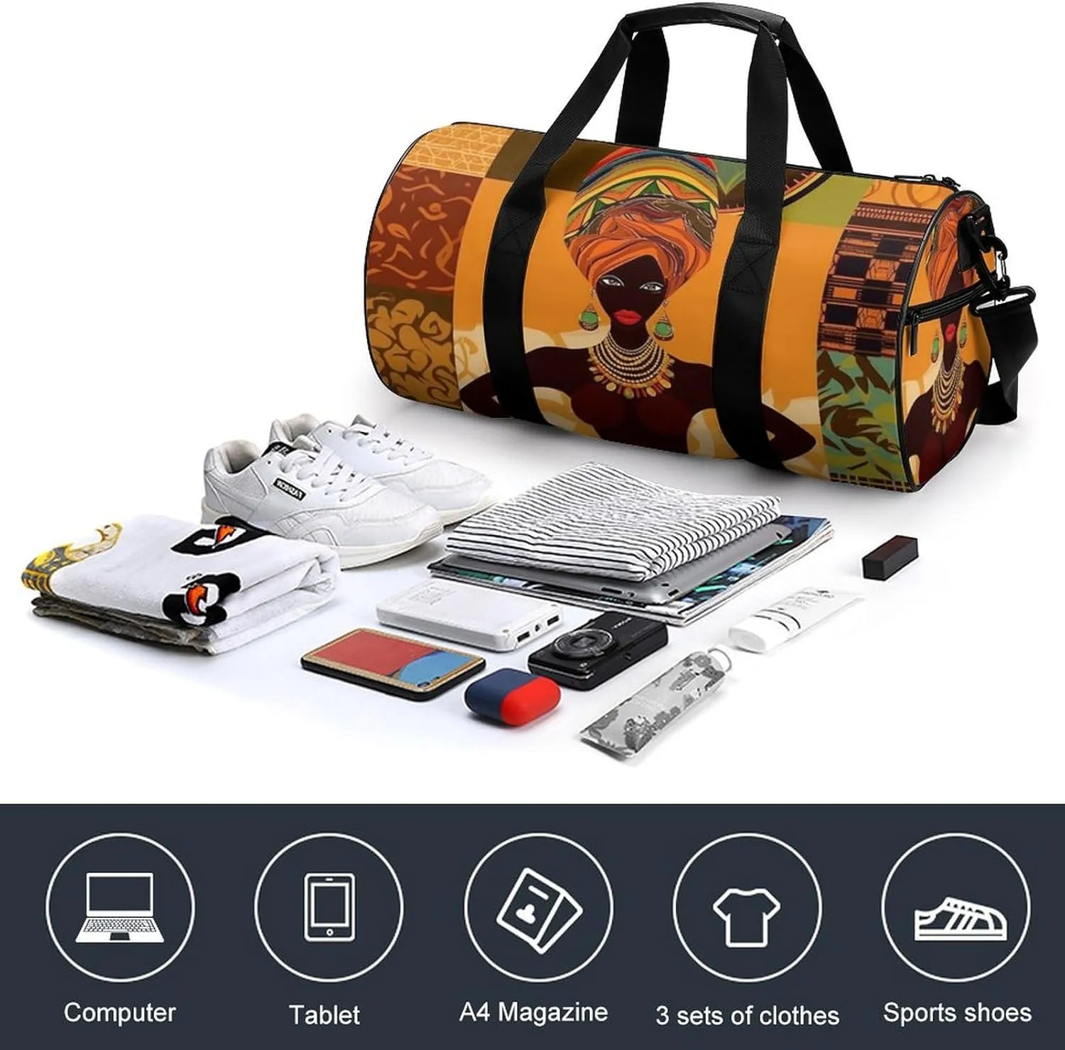 African Woman Gym Bag Small Travel Duffle Bag with Compartment Carry On Weekender Bag for Women Men