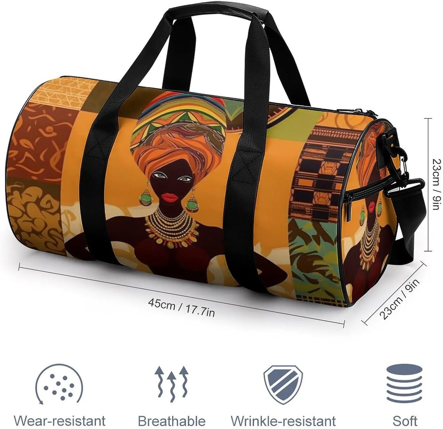 African Woman Gym Bag Small Travel Duffle Bag with Compartment Carry On Weekender Bag for Women Men