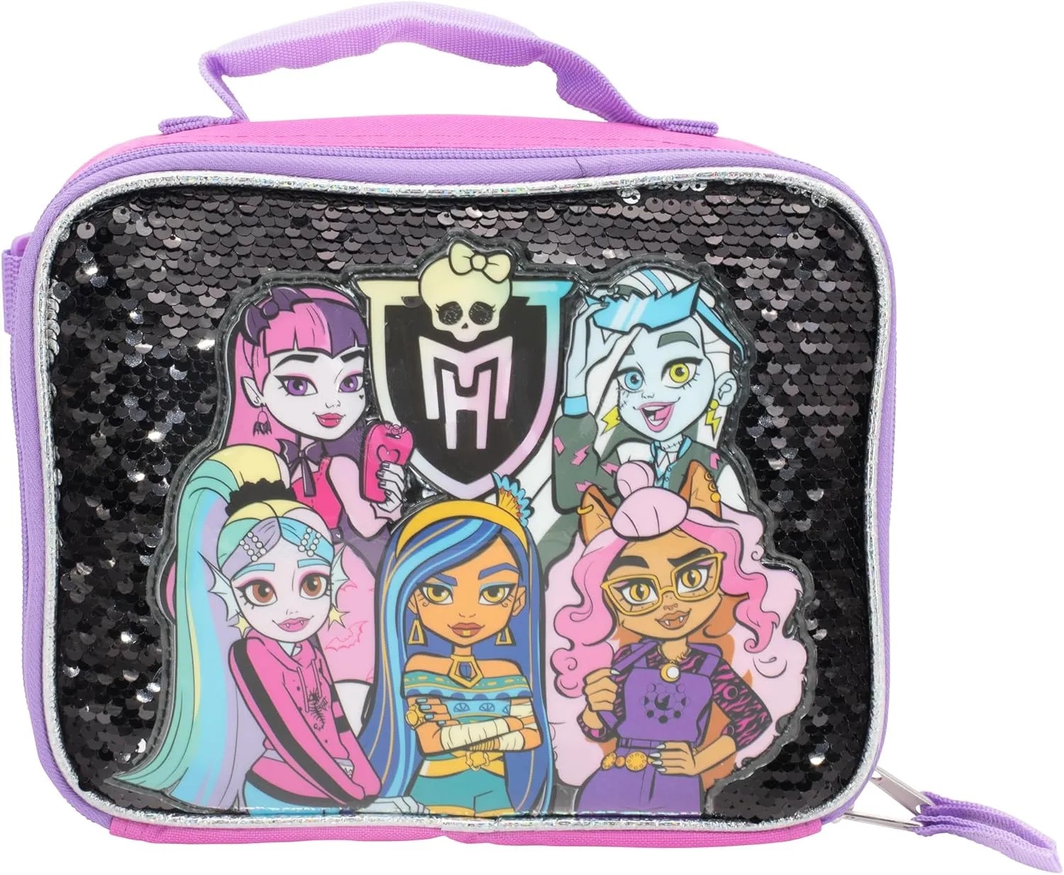 AI ACCESSORY INNOVATIONS Monster High 4 Piece Backpack Set, Clawdeen Wolf, Cleo DeNile, Dracularua, Frankie Stein, & Lagoona Blue Bookbag, Flip Sequins 16” School Bag, Black & Pink