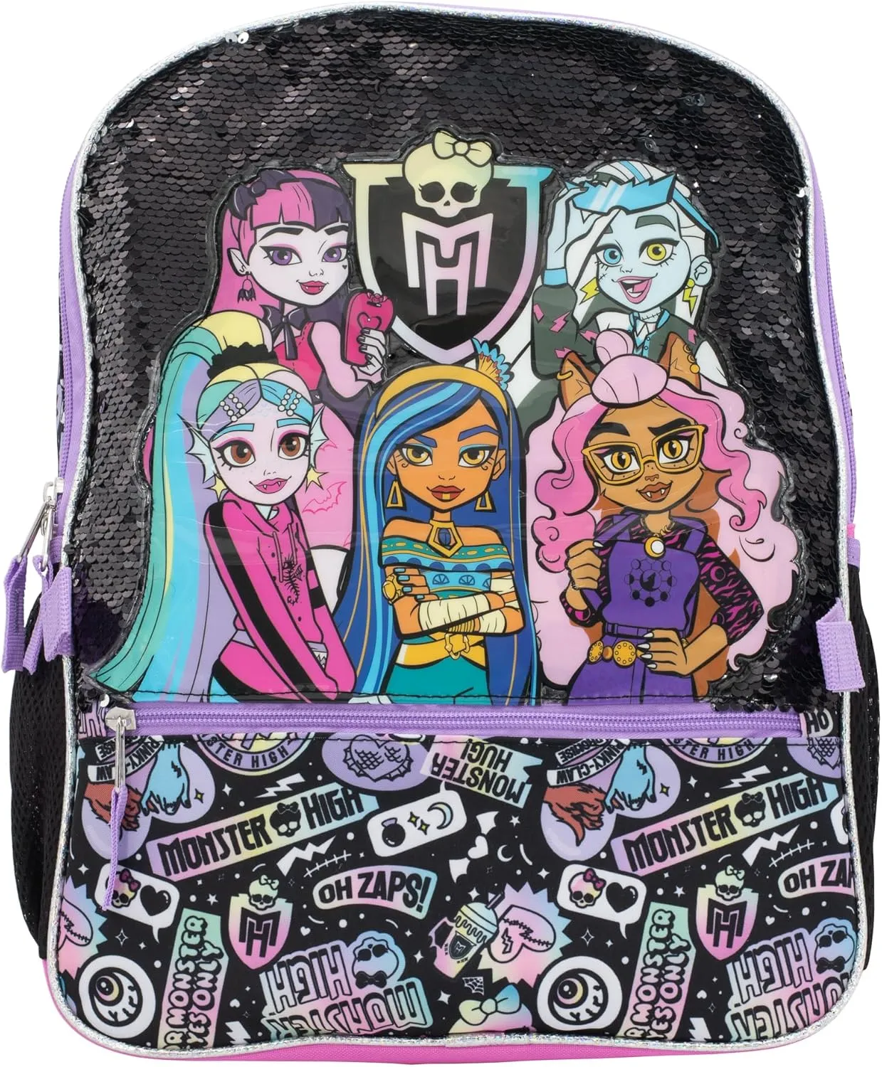 AI ACCESSORY INNOVATIONS Monster High 4 Piece Backpack Set, Clawdeen Wolf, Cleo DeNile, Dracularua, Frankie Stein, & Lagoona Blue Bookbag, Flip Sequins 16” School Bag, Black & Pink
