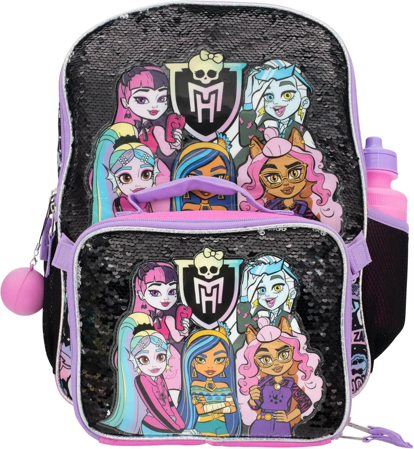 AI ACCESSORY INNOVATIONS Monster High 4 Piece Backpack Set, Clawdeen Wolf, Cleo DeNile, Dracularua, Frankie Stein, & Lagoona Blue Bookbag, Flip Sequins 16” School Bag, Black & Pink