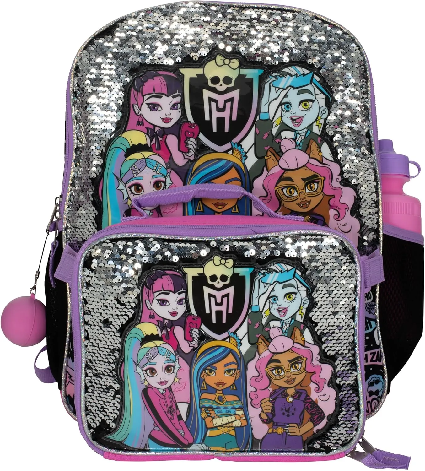 AI ACCESSORY INNOVATIONS Monster High 4 Piece Backpack Set, Clawdeen Wolf, Cleo DeNile, Dracularua, Frankie Stein, & Lagoona Blue Bookbag, Flip Sequins 16” School Bag, Black & Pink