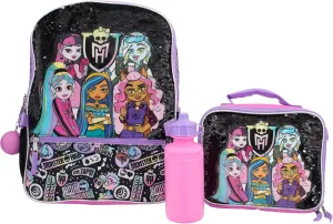 AI ACCESSORY INNOVATIONS Monster High 4 Piece Backpack Set, Clawdeen Wolf, Cleo DeNile, Dracularua, Frankie Stein, & Lagoona Blue Bookbag, Flip Sequins 16” School Bag, Black & Pink