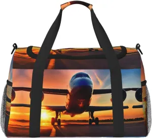 Airplane Sunset Sky Print Travel Duffle Bag Large Capacity Tote Stylish Weekender Bag for Outdoor Activities